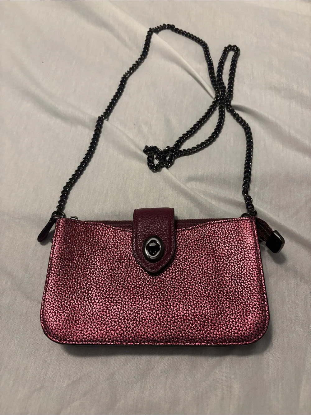 Coach Metallic Leather Turnlock Crossbody Berry Gunmetal Strap clutch wallet